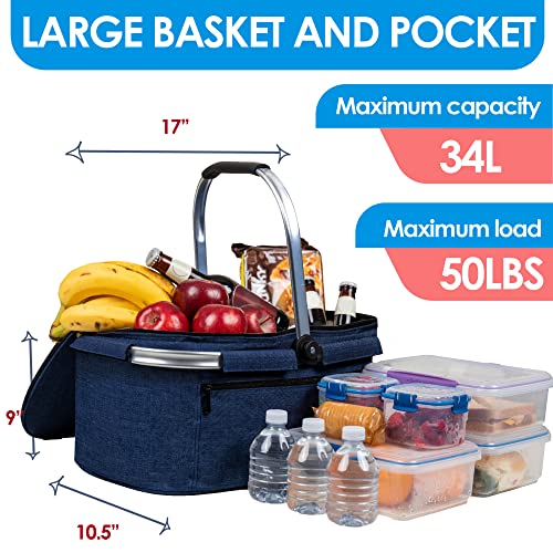 Hapinest 34L Large Picnic Basket and Blanket Set for 2-6, Blue Heather Navy | Insulated Collapsible Basket with Waterproof Outdoor Beach Blanket | Gifts for Couples, Housewarming, or Wedding