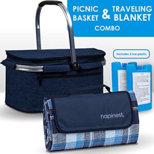 Hapinest 34L Large Picnic Basket and Blanket Set for 2-6, Blue Heather Navy | Insulated Collapsible Basket with Waterproof Outdoor Beach Blanket | Gifts for Couples, Housewarming, or Wedding