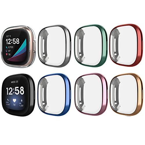 GHIJKL 8 Pack Case Compatible with Fitbit Versa 3 / Sense Screen Protector, Ultra Slim TPU Plated Cover Anti-Scratch Shockproof All Around Bumper Shell Accessories for Fitbit Sense/Versa 3 Smartwatch