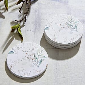 RoomTalks Green and Gold Plant Leaf Drink Coasters Set of 4, Cute Spring Leaves Floral Ceramic Absorbent Cup Coasters for Wooden / Coffee Table with Cork Base, Tabletop Protection, Housewarming Gifts