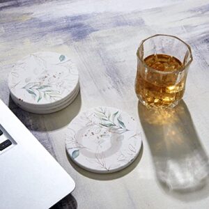 RoomTalks Green and Gold Plant Leaf Drink Coasters Set of 4, Cute Spring Leaves Floral Ceramic Absorbent Cup Coasters for Wooden / Coffee Table with Cork Base, Tabletop Protection, Housewarming Gifts