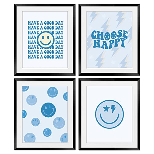 OGILRE Preppy Blue Smiley Face Inspirational Quotes Choose Happy Wall Art Decorations Prints, Lightning Boho Poster, 8x10 Inch 4 Set UNFRAMED