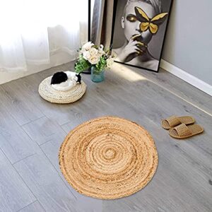 Round Shape Braided Rug Floor Rug mat Cotton Home Decor Rug Circular Meditation mat Yoga mat Jute Rug Solid Area Rugs (2 feet, Natural)