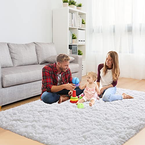 Area Rugs for Living Room Bedroom: 4x6 Feet White Super Soft Fluffy Shag Plush Rugs Carpet for Kids Girls Boys Nursery Playroom Dorm Room Teen Room Decor