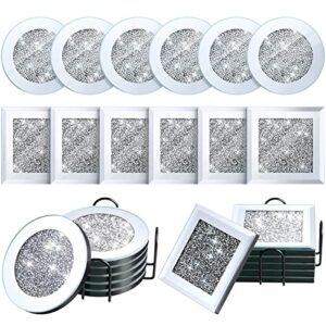 mimorou 14 pcs glass mirrored coasters with holder set, 12 round square crushed diamond 4 inch bling crystal cup mat 2 black decor on tabletop for coffee dining table