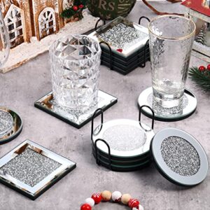 Mimorou 14 Pcs Glass Mirrored Coasters with Holder Set, 12 Round Square Crushed Diamond 4 Inch Bling Crystal Cup Mat 2 Black Decor on Tabletop for Coffee Dining Table