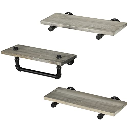 MyGift Wall Mounted Weathered Gray Solid Wood Floating Display Shelf and Industrial Pipe Hanging Bar Organizer Rack, Decorative Bathroom Shelving with Towel Bar, 3 Piece Set
