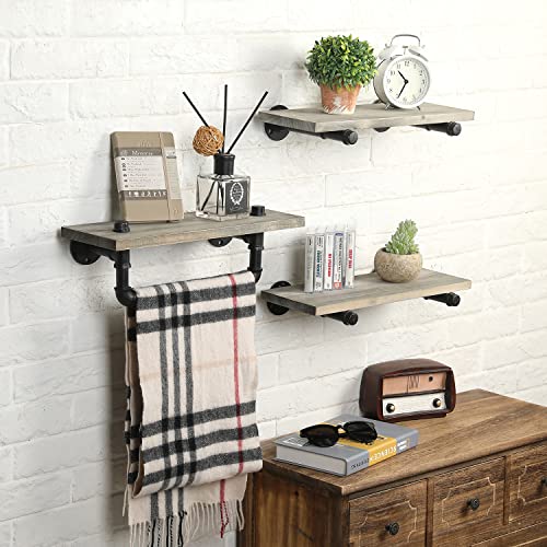 MyGift Wall Mounted Weathered Gray Solid Wood Floating Display Shelf and Industrial Pipe Hanging Bar Organizer Rack, Decorative Bathroom Shelving with Towel Bar, 3 Piece Set