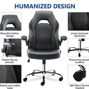 ZUNMOS Home Gaming Ergonomic Office Flip-up Armrest and Height Adjustable Desk Splicing PU Leather Computer Chair with Lumbar Support, Grey