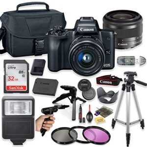 canon eos m50 mirrorless digital camera (black) with 15-45mm stm lens + deluxe accessory bundle including sandisk 32gb card, canon case, flash, grip multi angle tripod, 50″ tripod, filters and more.