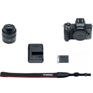 Canon EOS M50 Mirrorless Digital Camera (Black) with 15-45mm STM Lens + Deluxe Accessory Bundle Including Sandisk 32GB Card, Canon Case, Flash, Grip Multi Angle Tripod, 50" Tripod, Filters and More.