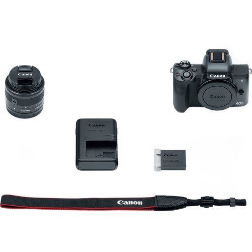 Canon EOS M50 Mirrorless Digital Camera (Black) with 15-45mm STM Lens + Deluxe Accessory Bundle Including Sandisk 32GB Card, Canon Case, Flash, Grip Multi Angle Tripod, 50" Tripod, Filters and More.