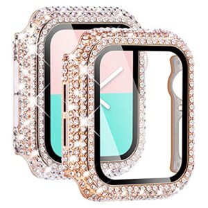 newways 2-pack bling cases with screen protector compatible for apple watch 41mm, fully paved diamonds protective case for iwatch series 7/8 (41mm, rose gold+clear)
