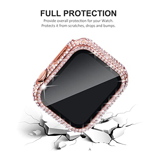 NewWays 2-Pack Bling Cases with Screen Protector Compatible for Apple Watch 41mm, Fully Paved Diamonds Protective Case for iWatch Series 7/8 (41mm, Rose Gold+Clear)