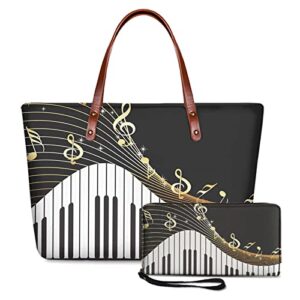 scrawlgod handbag tote with wallet set for women, black and white piano keyboard music 2pcs shoulder bag wallets credit card holder