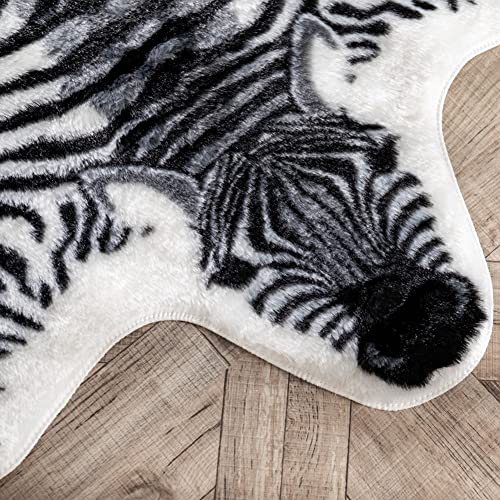 Miiciuib Cute Zebra Rug, Faux Fur Skin Plush Animal Shape Floor Carpet Decor Cushion for Bedroom Living Room (Zebra, 33.5 x 43 Inches)