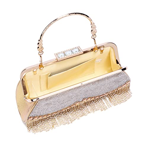 Women's Evening Bag for Dinner Night Clutch Purse Handbag with Rhinestone Tassels Gold