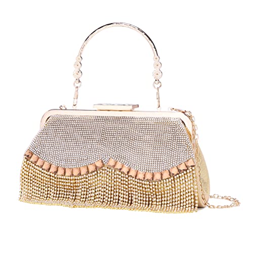 Women's Evening Bag for Dinner Night Clutch Purse Handbag with Rhinestone Tassels Gold