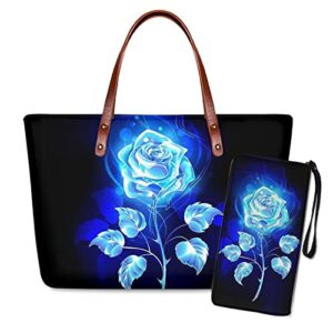 SCRAWLGOD Blue Rose Design 2 Set Purse and Handbags for Women Travel Portable Large Shoulder Tote Bags with Matching Wallets Gift