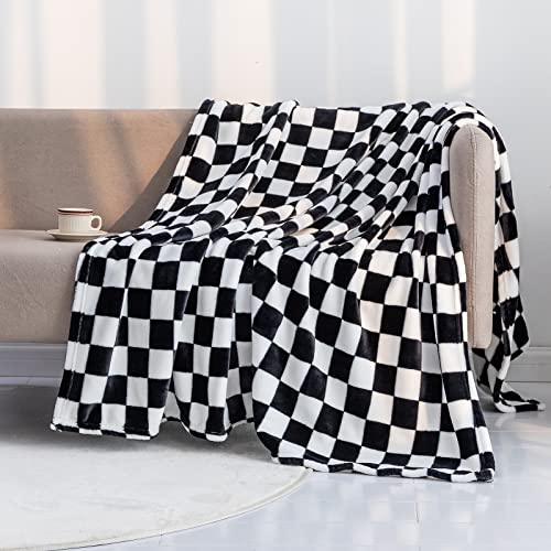 LOMAO Throw Blankets Flannel Blanket with Checkerboard Grid Pattern Soft Throw Blanket for Couch, Bed, Sofa Luxurious Warm and Cozy for All Seasons (Black, 51"x63")