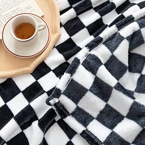 LOMAO Throw Blankets Flannel Blanket with Checkerboard Grid Pattern Soft Throw Blanket for Couch, Bed, Sofa Luxurious Warm and Cozy for All Seasons (Black, 51"x63")