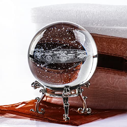 HDCRYSTALGIFTS 3D Laser Engraved Solar System Crystal Ball Figurine with Silver Base 60mm Crystal Sphere Meditation Healing Feng Shui Decorative Ball for Birthday Home Office Decor