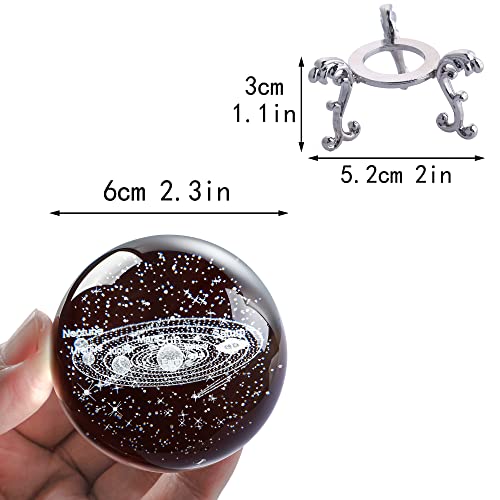 HDCRYSTALGIFTS 3D Laser Engraved Solar System Crystal Ball Figurine with Silver Base 60mm Crystal Sphere Meditation Healing Feng Shui Decorative Ball for Birthday Home Office Decor