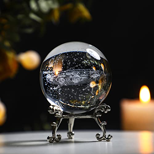 HDCRYSTALGIFTS 3D Laser Engraved Solar System Crystal Ball Figurine with Silver Base 60mm Crystal Sphere Meditation Healing Feng Shui Decorative Ball for Birthday Home Office Decor