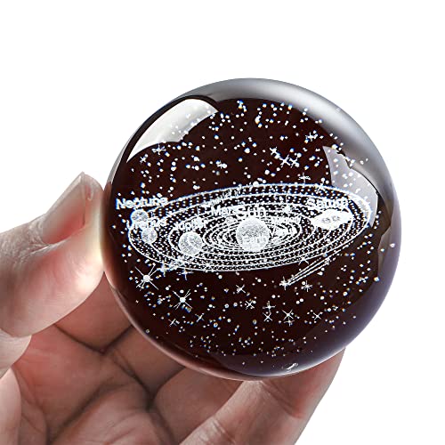 HDCRYSTALGIFTS 3D Laser Engraved Solar System Crystal Ball Figurine with Silver Base 60mm Crystal Sphere Meditation Healing Feng Shui Decorative Ball for Birthday Home Office Decor