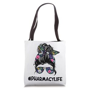 funny pharmacist pharmacy life technician tech messy bun tote bag