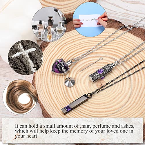 MTLEE 3 Pieces Cremation Urn Necklace for Ashes Vertical Bar Zircon, Heart Crystal Cremation Urn Necklace Urn Stainless Steel Necklace Waterproof Memorial Pendant Necklace (Purple Zircon)