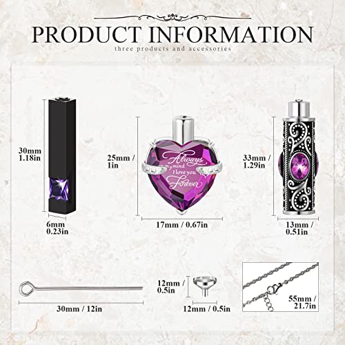 MTLEE 3 Pieces Cremation Urn Necklace for Ashes Vertical Bar Zircon, Heart Crystal Cremation Urn Necklace Urn Stainless Steel Necklace Waterproof Memorial Pendant Necklace (Purple Zircon)