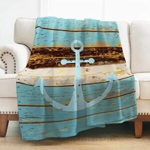 levens nautical anchor blanket gifts for men boys, rustic wood board print decoration for home bedroom living room couch, soft cozy smooth lightweight throw blankets blue 50″x60″