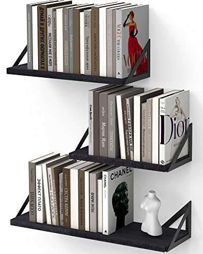 BAYKA Floating Shelves for Bedroom Decor, Rustic Wood Wall Shelves for Living Room Wall Mounted, Hanging Shelving for Bathroom, Laundry Room, Small Shelf for Plants, Books(Black,Set of 3)