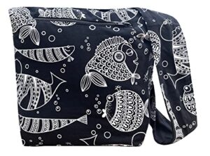 fish print crossbody – fully lined with front zippered pocket – small hobo cotton sling messenger bag – black & white