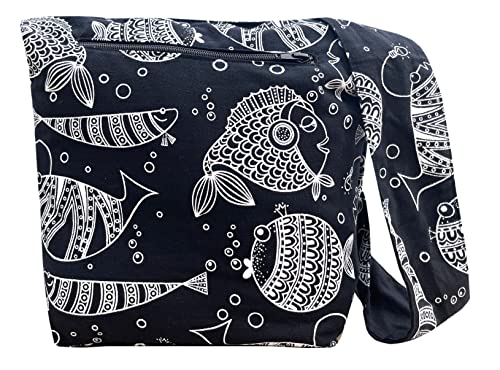 Fish Print Crossbody - Fully Lined with Front Zippered Pocket - Small Hobo Cotton Sling Messenger Bag - Black & White