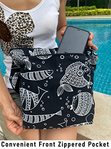 Fish Print Crossbody - Fully Lined with Front Zippered Pocket - Small Hobo Cotton Sling Messenger Bag - Black & White