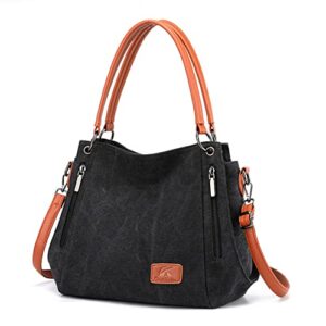 women’s canvas vintage shoulder bag hobo daily purse large tote top handle shopper handbag (black)