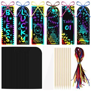 gsnma 50 Set 2 Style Magic Scratch Rainbow Bookmarks Making Kit Rainbow Scratch Paper for Kids Students Christmas Party Favor Scratch Paper DIY Bookmarks Bulk with Scratching Tools Satin Ribbon