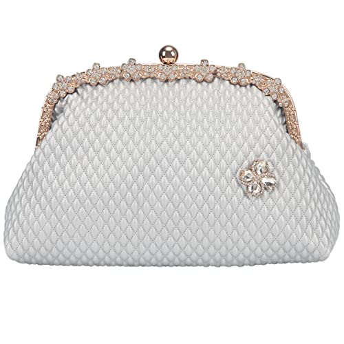 Fawziya Crystal Small Handbag For Women Floral Quilted Clutch-Silver