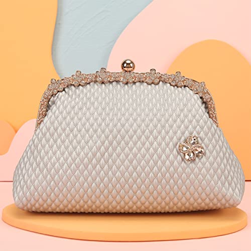 Fawziya Crystal Small Handbag For Women Floral Quilted Clutch-Silver