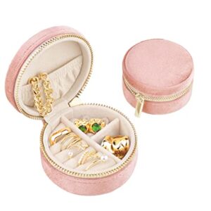 TAIMY Velvet Travel Jewelry Box, Round Small Travel Jewelry Case for Women Girls, Portable Mini Jewelry Travel Organizer Boxes for Rings Earrings Necklaces Bracelets(Blush Peach)