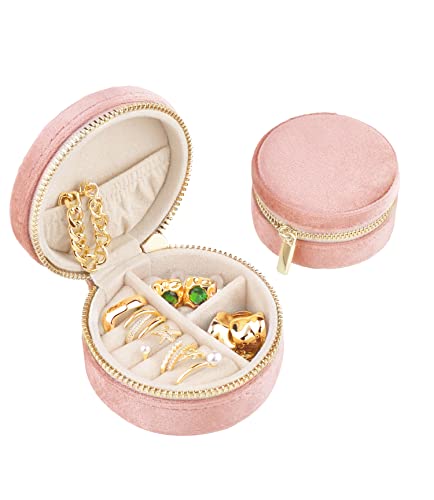 TAIMY Velvet Travel Jewelry Box, Round Small Travel Jewelry Case for Women Girls, Portable Mini Jewelry Travel Organizer Boxes for Rings Earrings Necklaces Bracelets(Blush Peach)