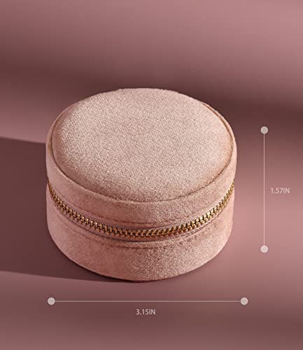 TAIMY Velvet Travel Jewelry Box, Round Small Travel Jewelry Case for Women Girls, Portable Mini Jewelry Travel Organizer Boxes for Rings Earrings Necklaces Bracelets(Blush Peach)