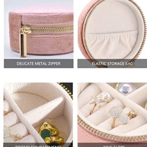 TAIMY Velvet Travel Jewelry Box, Round Small Travel Jewelry Case for Women Girls, Portable Mini Jewelry Travel Organizer Boxes for Rings Earrings Necklaces Bracelets(Blush Peach)