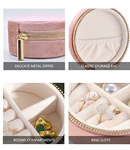 TAIMY Velvet Travel Jewelry Box, Round Small Travel Jewelry Case for Women Girls, Portable Mini Jewelry Travel Organizer Boxes for Rings Earrings Necklaces Bracelets(Blush Peach)