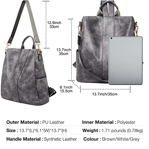 FOXLOVER Womens Backpack Purse Ladies Large Vegan Leather Travel Convertible Anti Theft Shoulder Bags (Grey)