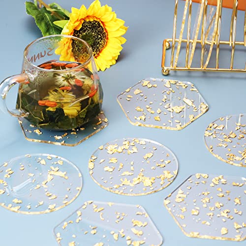 Coasters for Drinks, Stylish Gold Foil Coasters 6 Pieces Clear Acrylic Cup Coasters for Coffee Wooden Table, Set of 6 Coffee Coaster for Home Decor Gift