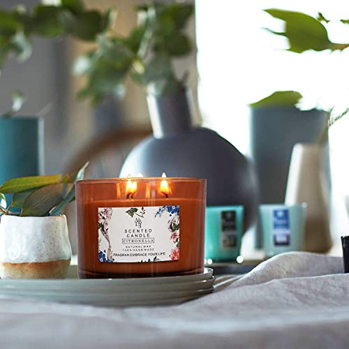 JHENG Large Citronella Candles Outdoor Indoor Candle Made with Natural Soy | 3 Wick Scented Candles Long Lasting 40 Hour Burn | 13.5 Ounces Highly Scented Aromatherapy Candles for Home