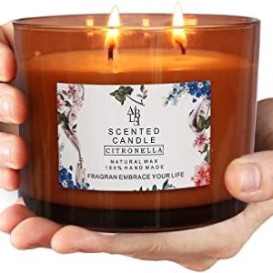 JHENG Large Citronella Candles Outdoor Indoor Candle Made with Natural Soy | 3 Wick Scented Candles Long Lasting 40 Hour Burn | 13.5 Ounces Highly Scented Aromatherapy Candles for Home